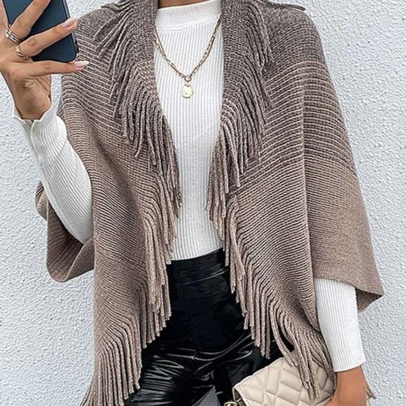 Khaki & Black Fringe Trim Dolman Open Front Cardigan - Picture 1 of 3